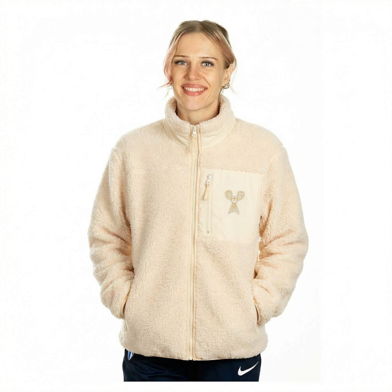 Kirjailtu Pieni pöllö by Klaus Haapaniemi Sherpa fleecetakki, Luonnonvalkoinen