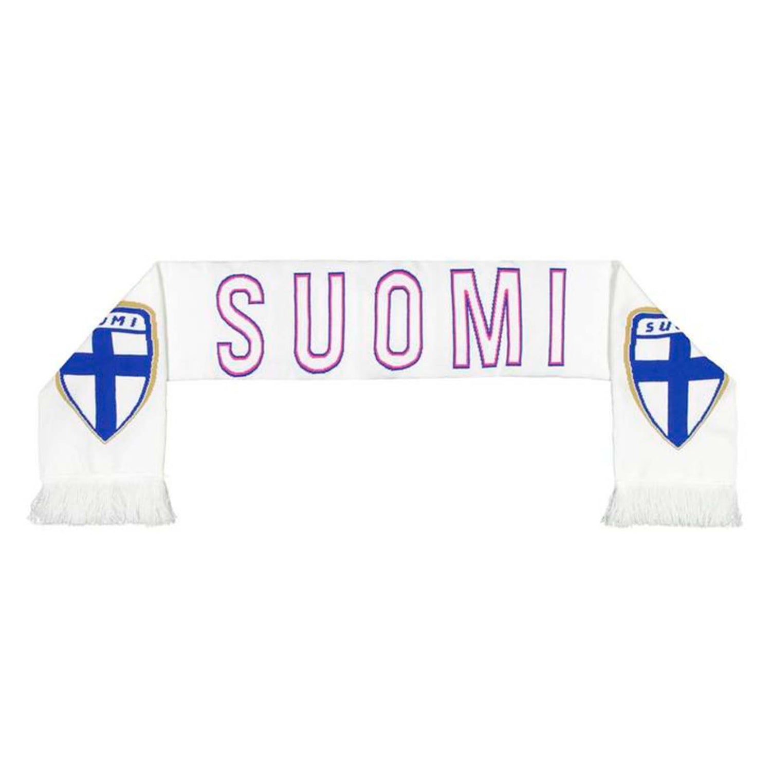 Suomi-kaulahuivi. Kudotun kannattajakaulahuivin molemmilla puolilla on pinkillä kirjailtu teksti