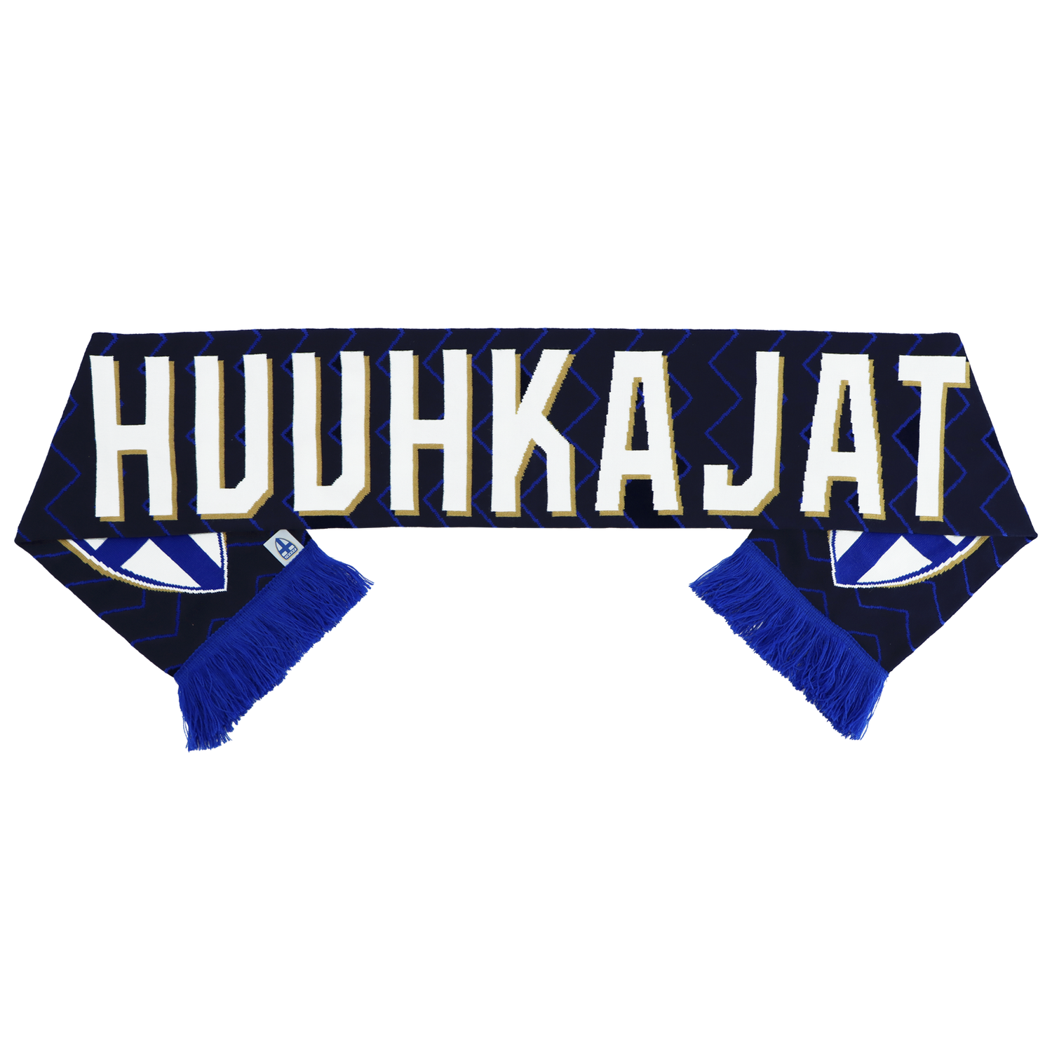 Suomen jalkapallomaajoukkueen kudottu tummansininen kaulahuivi.