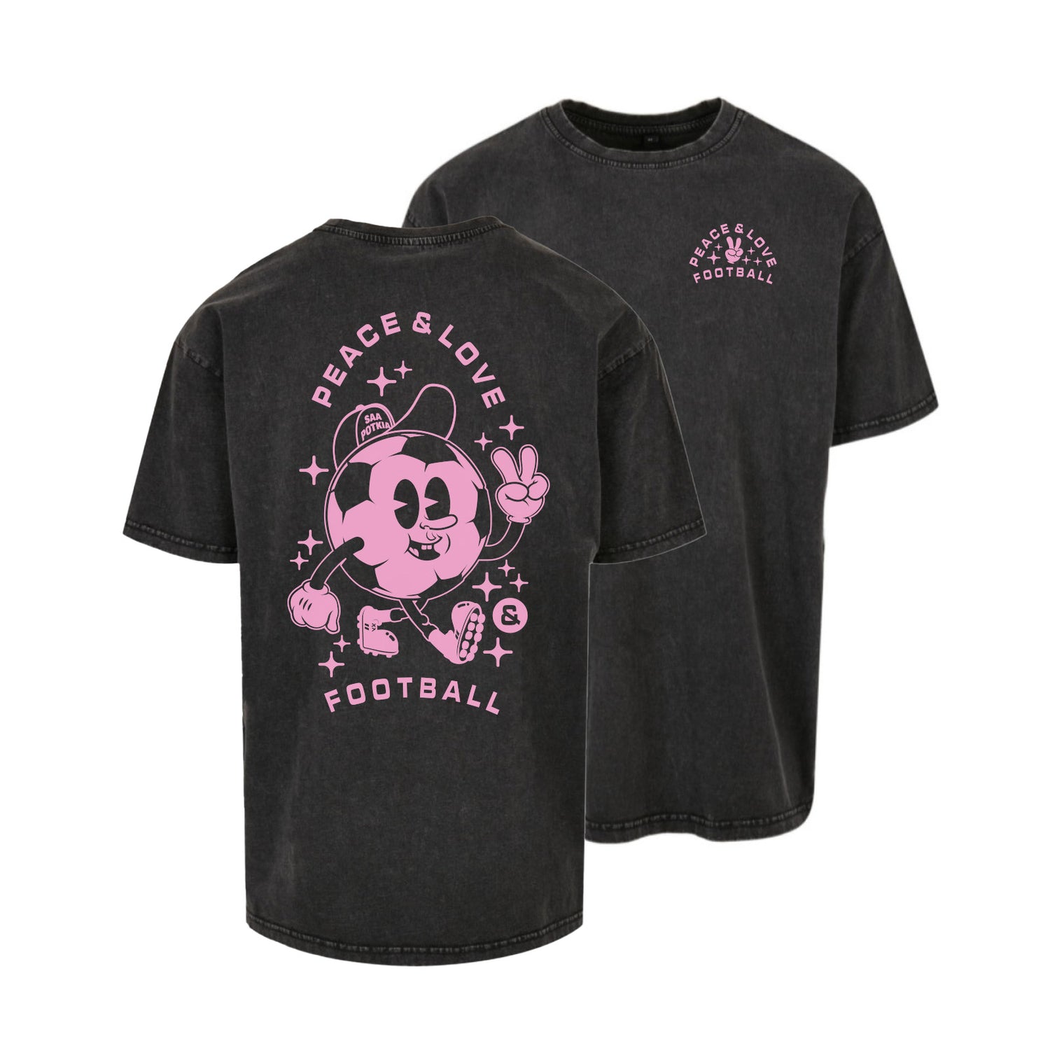 Peace Love & Football Pink Washed Oversize t-paita, Musta