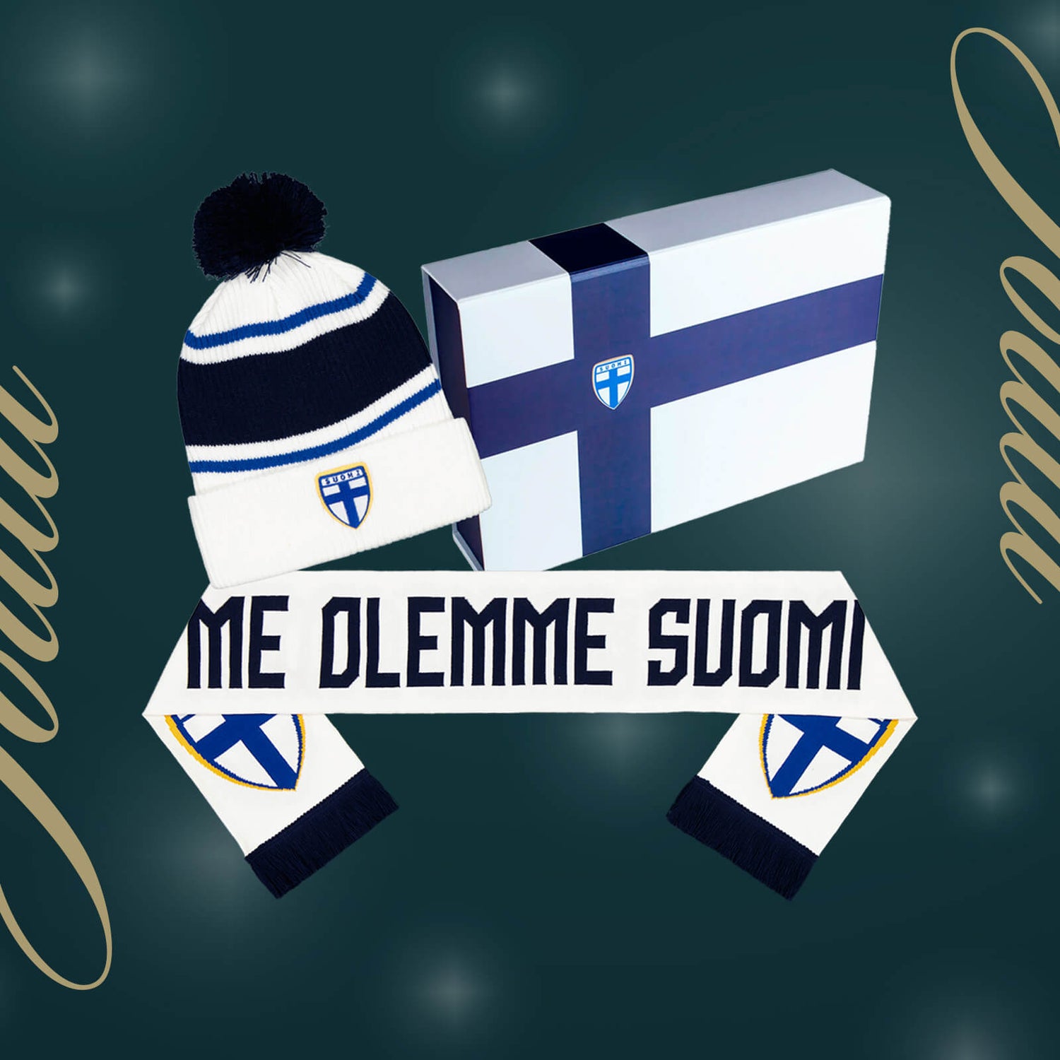 Maajoukkue kaulahuivi ja tupsupipo lahjalaatikko