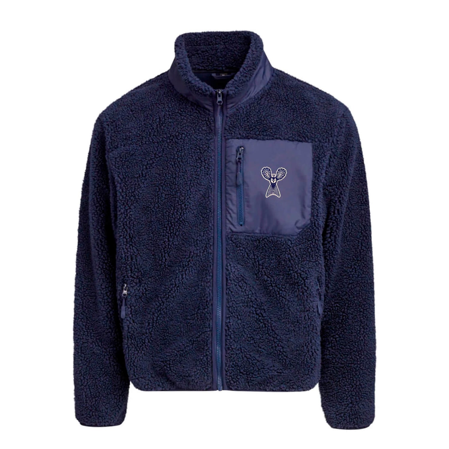 Embroidered Little Owl by Klaus Haapaniemi Sherpa fleece jacket, Navy