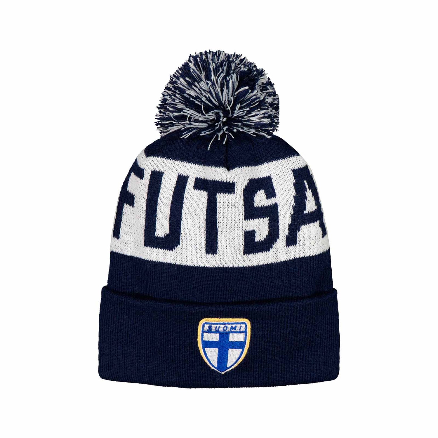 Suomen futsalmaajoukkueiden virallinen tupsupipo. Pipossa Suomi-logo ja teksti FUTSAL.