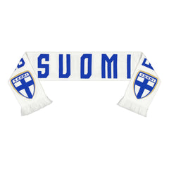 Suomen futsalmaajoukkueen virallinen EURO 2022 -kisahuivi. Kaulahuivissa lukee kisapaikkakunnat ja kisojen päivämäärät.